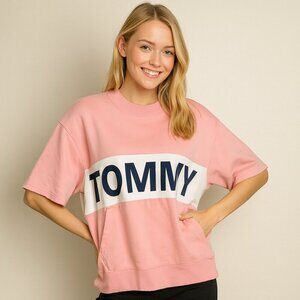 Tommy Hilfiger Pink and White Short-Sleeve Sweatshirt with Front Pocket Size M